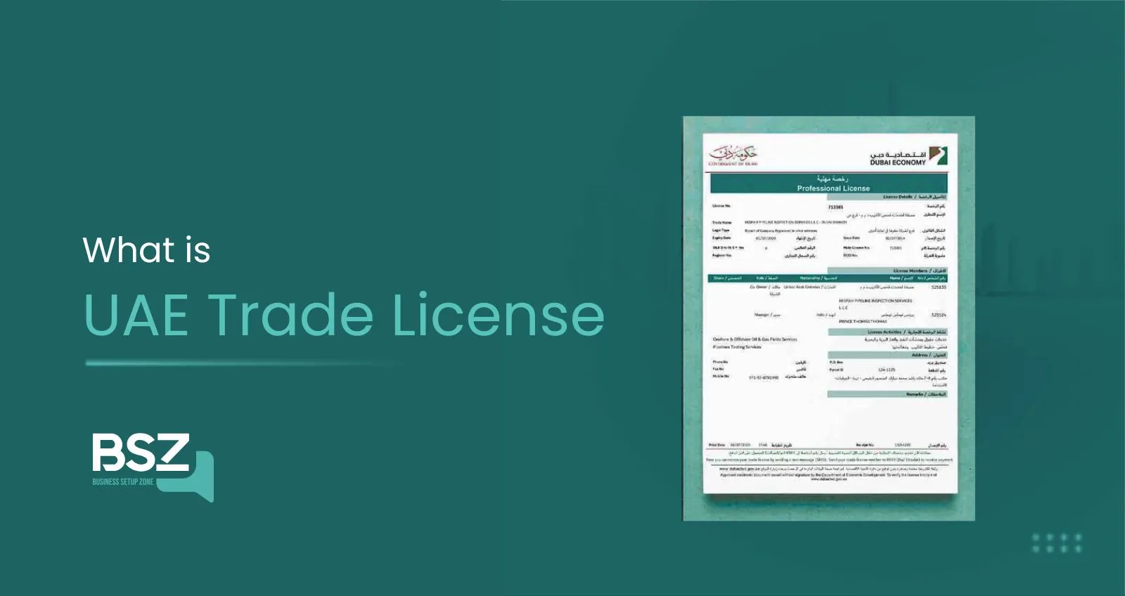 Entrepreneur reviewing UAE trade license documents at Dubai business desk.
